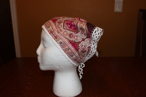 My finished Head Kerchief created from upcycled fabric. 