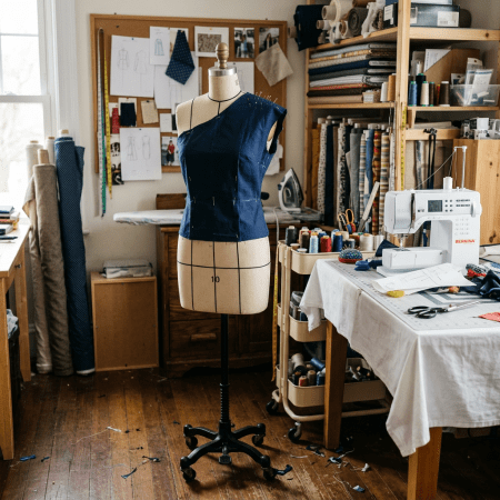 Tailor's dress form with partially sewn navy top in sewing room