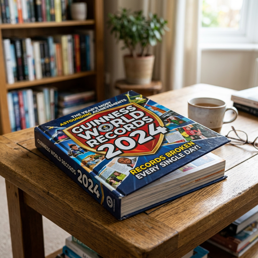 Guinness World Records 2024 book on wooden table with coffee cup and eyeglasses
