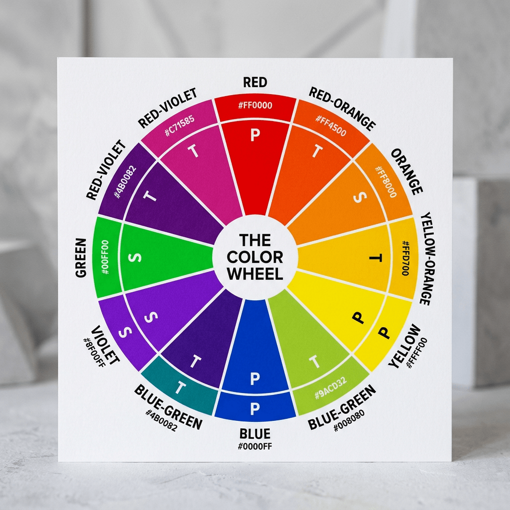 Color wheel showing primary, secondary, tertiary colors with hex codes and labels